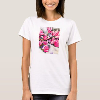 Camiseta arte de acuarela de magnolia rosa