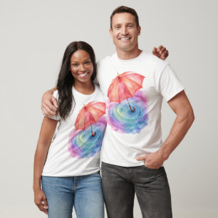 Camiseta Arte de Acuarela de Paraguas Pastel con Ondulacion