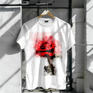 Camiseta Arte de Acuarela de Rosa Roja sobre Fondo Blanco