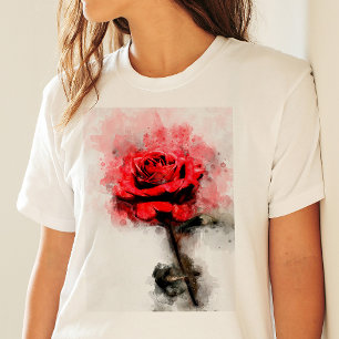 Camiseta Arte de Acuarela de Rosa Roja sobre Fondo Blanco