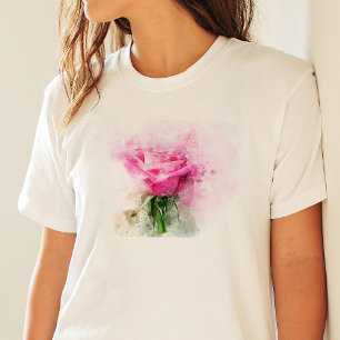 Camiseta Arte de acuarela de rosa rosa sobre fondo blanco