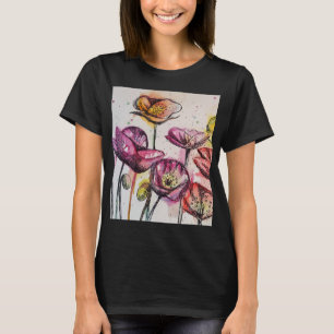 Camiseta arte de acuarela floral amapola roja púrpura rosa