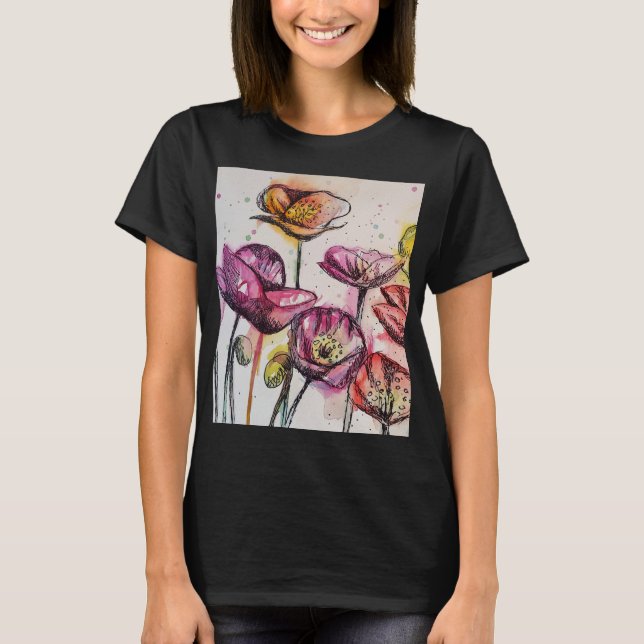 Camiseta arte de acuarela floral amapola roja púrpura rosa (Anverso)