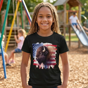 Camiseta Arte de Bisonte Americano Majestuoso y Bandera Pat