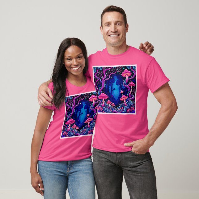 Camiseta Arte de Bosque de Hongos Rosa Neón (Unisexo)