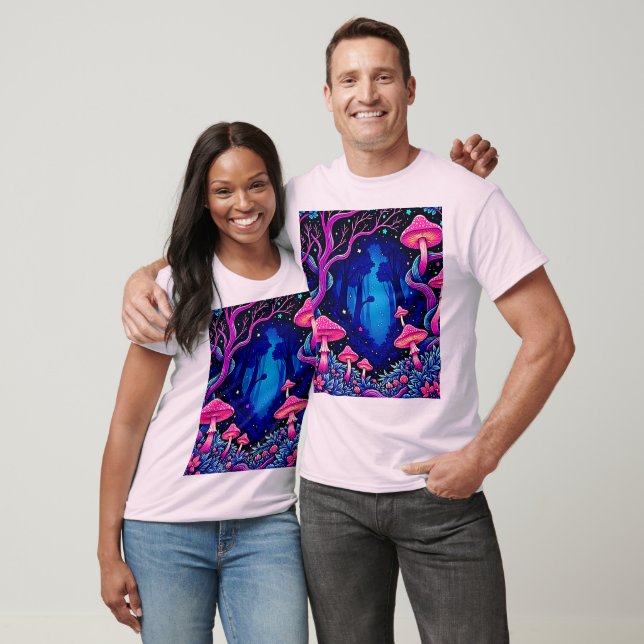 Camiseta Arte de Bosque de Hongos Rosa Neon (Unisexo)
