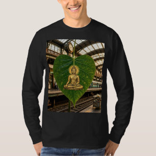 Camiseta Arte de Buda Dorado en Hoja Verde Hombre Manga Lar