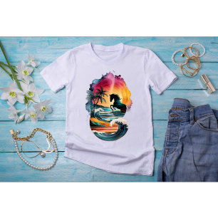 Camiseta Arte de Caballo Arcoiris con Paisaje de Playa Suns