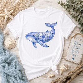 Camiseta Arte de cerámica de ballena azul con tema floral