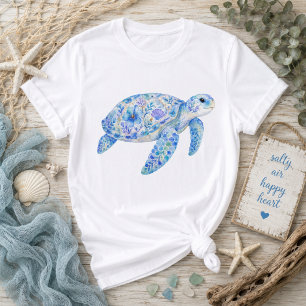 Camiseta Arte de cerámica de tortuga marina con tema floral