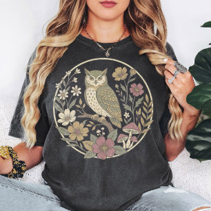 Camiseta Arte de Círculo de Hongo Floral de Búho Vintage