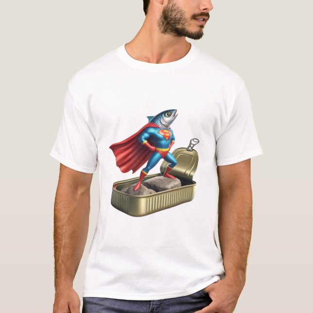 Camiseta Arte de Cómic de Superhéroe de la Sardina Divertid (Anverso)