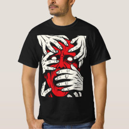 Camiseta Arte de Demonio Rojo Horror con Manos Cubriendo Ca