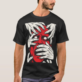 Camiseta Arte de Demonio Rojo Horror con Manos Cubriendo Ca