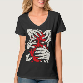 Camiseta Arte de Demonio Rojo Horror con Manos Cubriendo la