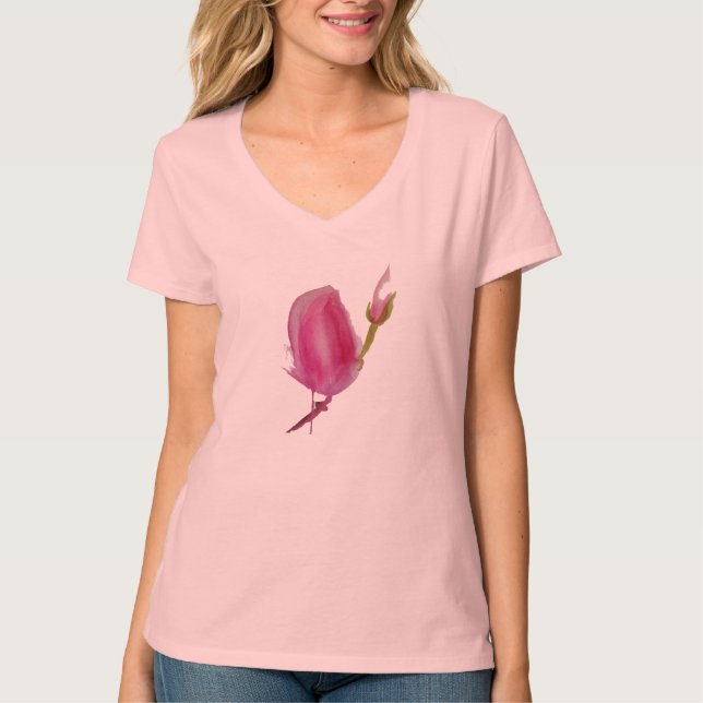 Camiseta Arte de flores acuáticas de Magnolia rosa (Anverso)