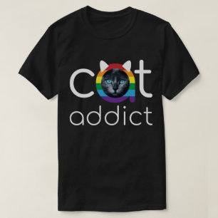 Camiseta Arte de Gato Adicto Blanco Arcoiris Azul Ojos