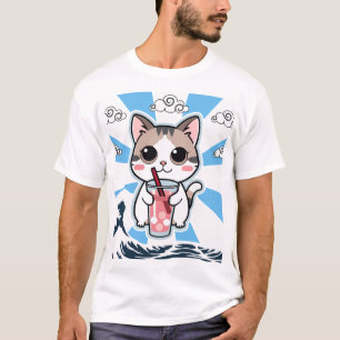 Camiseta Arte de gato anime Kawaii lindo Ola Grande Burbuja