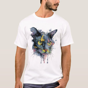 Camiseta Arte de gato con ojos de neón en acuarela oscura