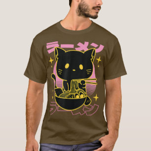 Camiseta Arte de gato japonés retro comiendo Ramen Kanji - 