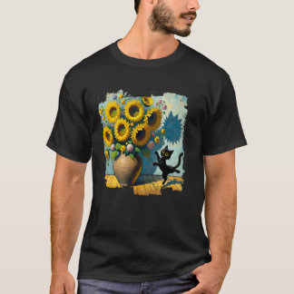 Camiseta Arte de Gato Negro Girasoles para Mamá Gato y Papá