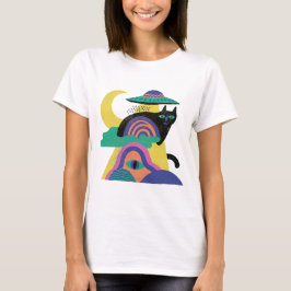 Camiseta Arte de gato negro OVNI luna
