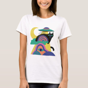 Camiseta Arte de gato negro OVNI luna