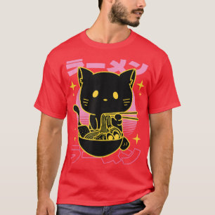 Camiseta Arte de gatos japonés retro comiendo Ramen Kanji -