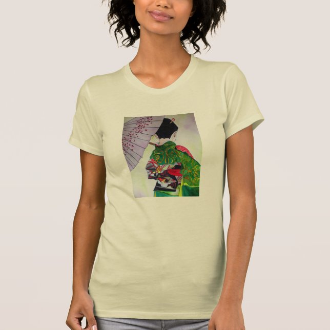 Camiseta Arte de Geisha japonesa con kimono y paraguas (Anverso)
