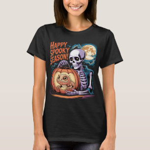 Camiseta Arte de Halloween en Skeleton y Lizard Pumpkin