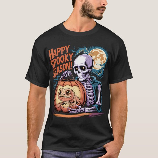 Camiseta Arte de Halloween en Skeleton y Lizard Pumpkin (Anverso)