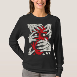 Camiseta Arte de Horror de Demonio Rojo con Manos Cubriendo