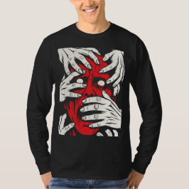 Camiseta Arte de Horror de Demonio Rojo con Manos Cubriendo