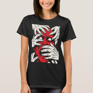 Camiseta Arte de Horror de Demonio Rojo Cubriendo Cara con