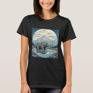 Camiseta Arte de IA de Oso, Montañas, Lago, Luna Llena