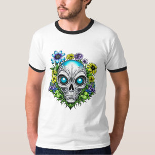 Camiseta Arte de IA de rostro alienígena y flores