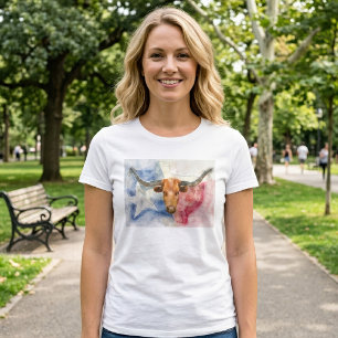 Camiseta Arte de Impresión en Acuarela de Vaca y Bandera de