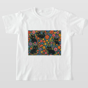 Camiseta Arte de jardín Kawaii   Patrón floral de gato negr