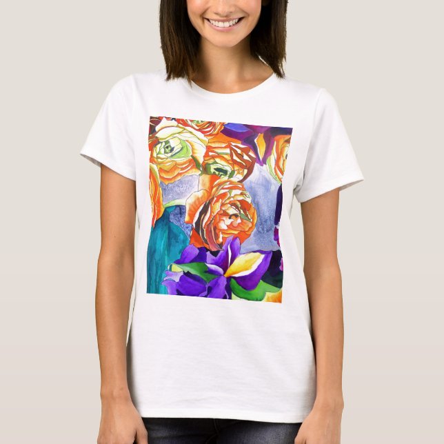 Camiseta Arte de la acuarela de Ranunculus e Iris (Anverso)