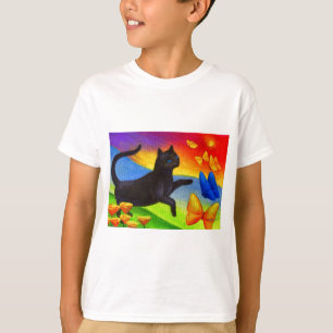 Camiseta Arte de las mariposas de la pintura del gato negro