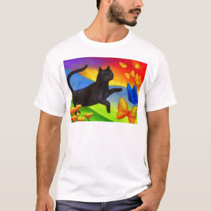 Camiseta Arte de las mariposas de la pintura del gato negro