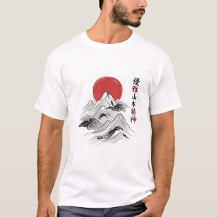 Camiseta Arte de lavado de tinta del sol rojo de la montaña