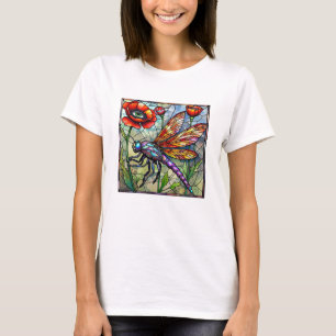 Camiseta Arte de libélula de vidrio emplomado rojo flor de