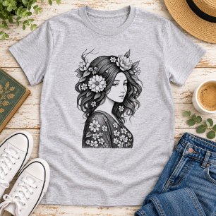 Camiseta Arte de línea de mujer floral romántica