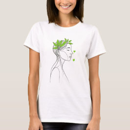 Camiseta Arte de línea de mujer minimalista con hojas verde