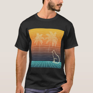 Camiseta Arte de línea de neón gato y palmeras
