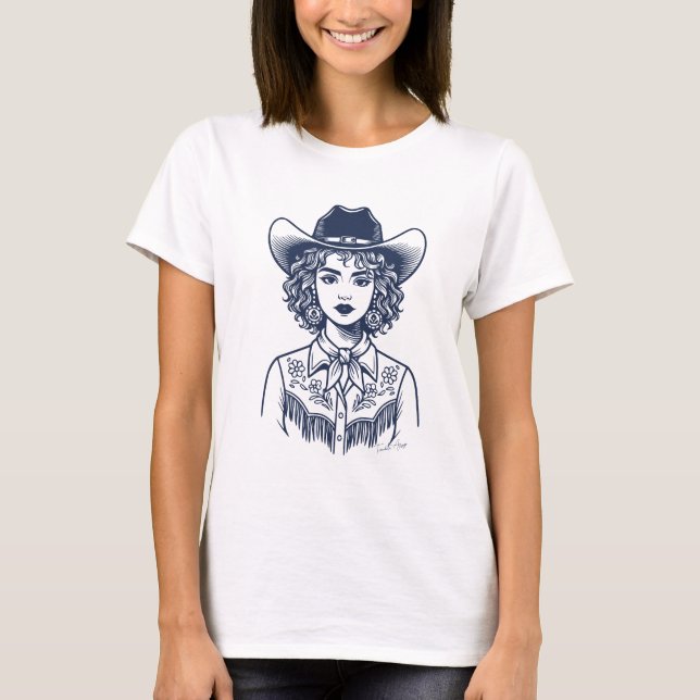 Camiseta Arte de línea de vaquera occidental de moda (Anverso)