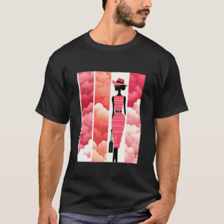 Camiseta Arte de moda rosa con silueta y nubes retro