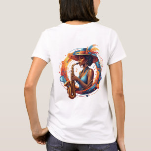 Camiseta Arte de mujer de jazz abstracto elegante con saxof