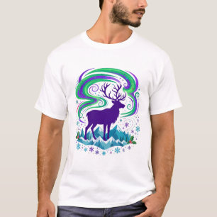 Camiseta Arte de Navidad de Reno de Aurora Invierno Nocturn